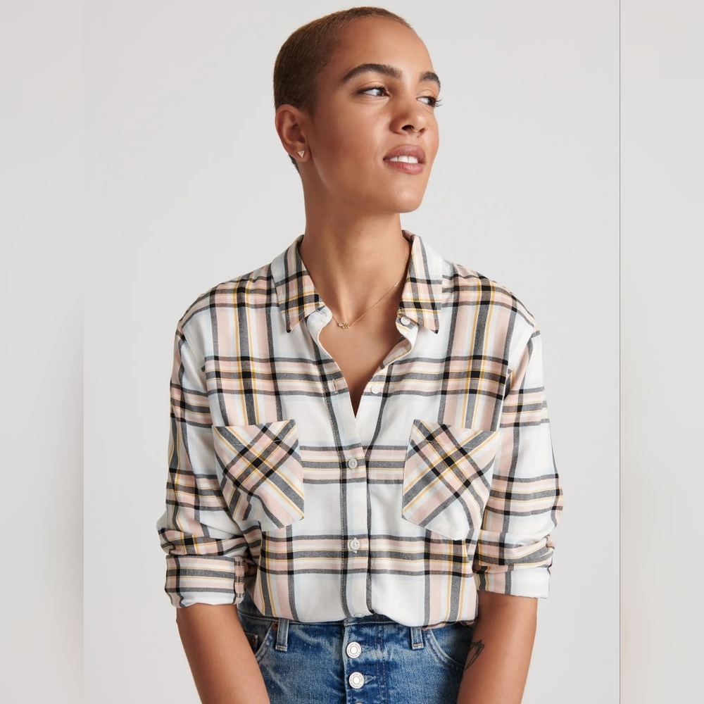 Lucky Brand Women's Viscose Boyfriend Plaid Button Down Shirt Large